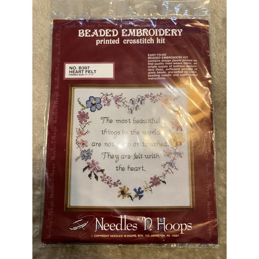 New Needles n Hoops Beaded Embroidery Printed Cross Stitch B397 Heart Felt